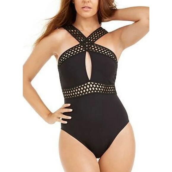 Kenneth Cole Black Mesh Trim Halter Neck One Piece Swim Suit S NWT - Picture 1 of 5